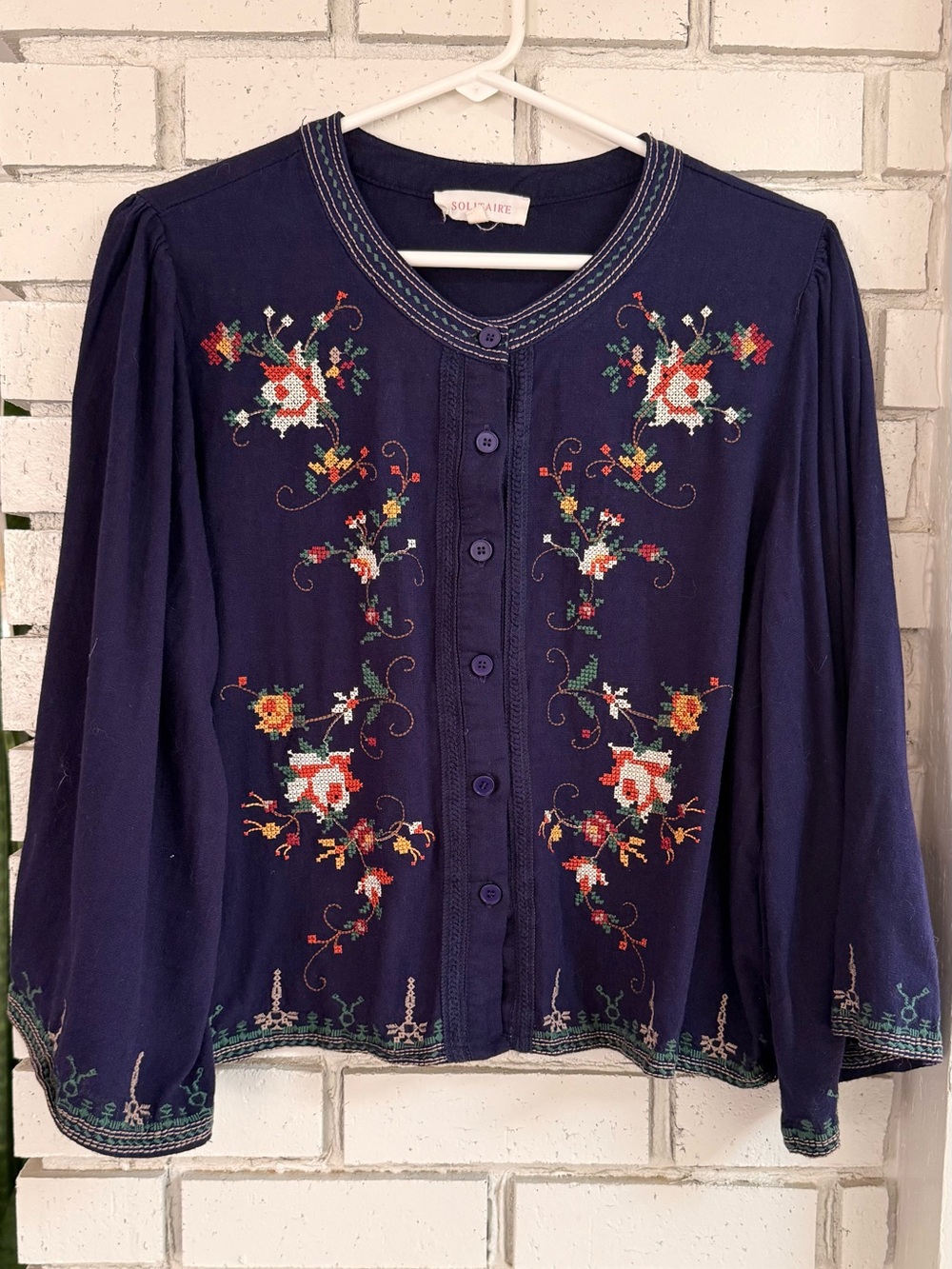 Solitaire Cross Stitch Embroidered Cottagecore Boho Top Women's XL